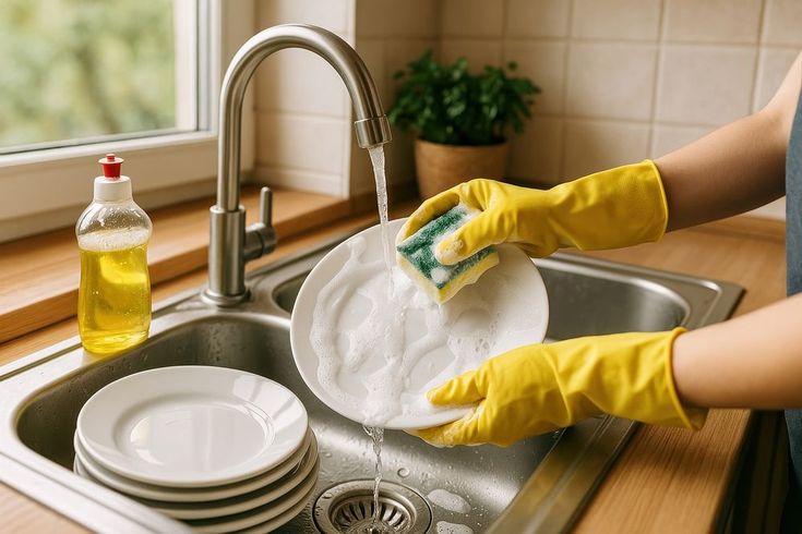 Woman using Sparkling Pro Hand Wash at her kitchen sink