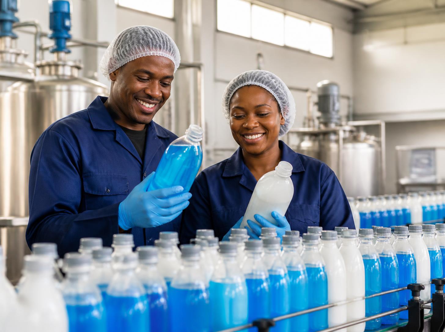 Sparkling Pro team inspecting cleaning products at our Wadeville factory